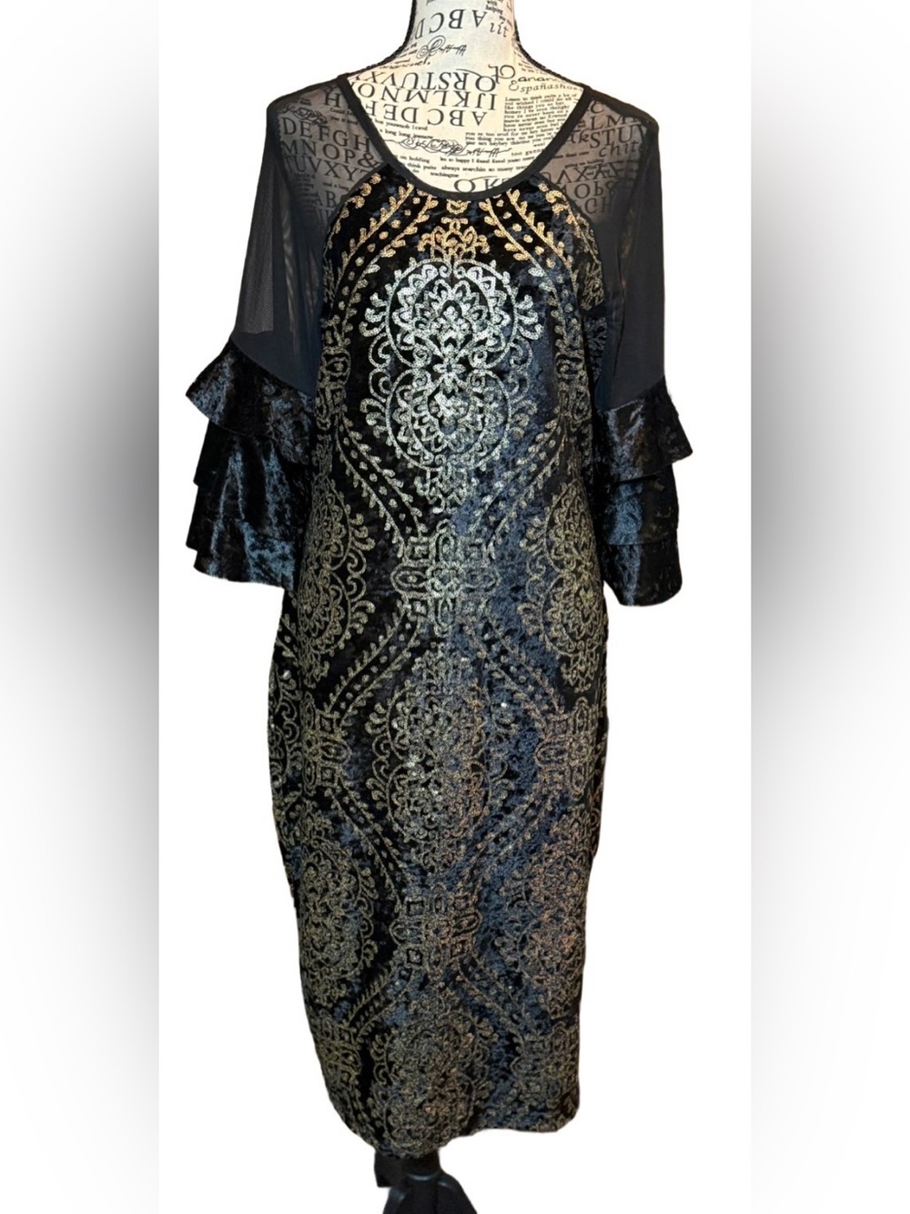 VENUS Gold Sequin Black Velvet Midi Dress Sheer Ruffle Sleeve Side Slit - L